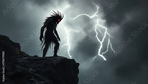 Dark Monster Silhouette Stormy Clifftop Lightning Background