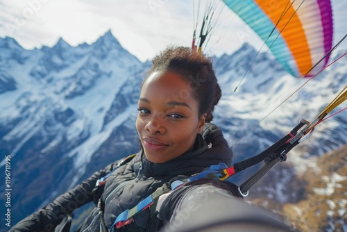 Black woman paragliding over snowcapped mountains, smiling adventurously. photo