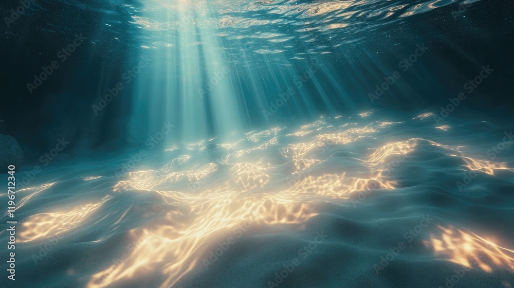 A mesmerizing underwater view of the ocean, with sunlight beams lighting up the sandy sea floor A mesmerizing underwater view of the ocean, with sunlight beams lighting up the sandy sea floor