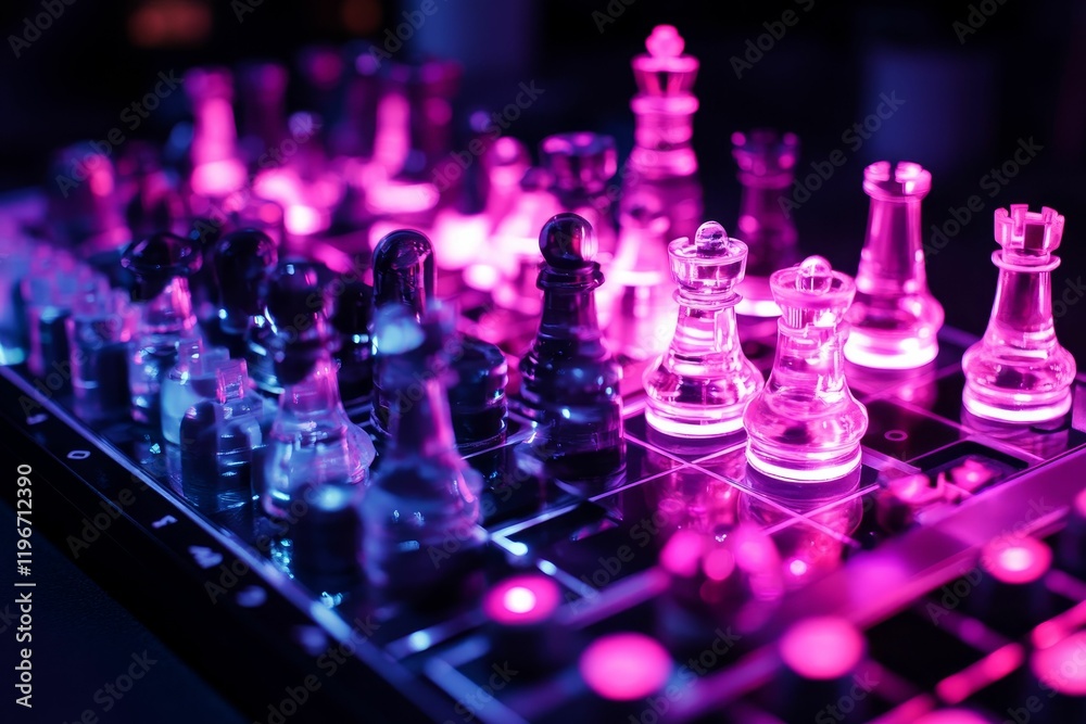 Illuminated glass chess pieces on board.