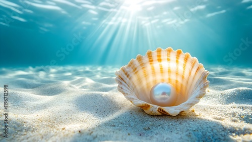 Seashell with White Pearl on Ocean Floor – A Serene and Magical Underwater Masterpiece