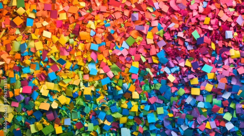 Obraz premium Explosive celebration confetti pattern, cascading paper squares, saturated rainbow palette, dense paper texture, multidimensional party background, chaotic festive arrangement, rich celebratory