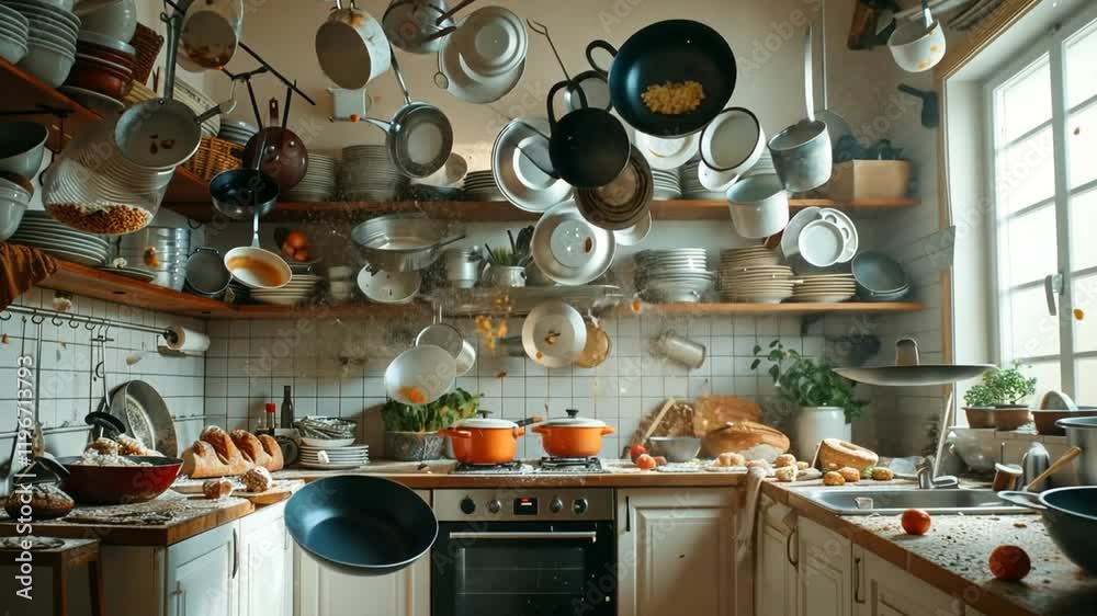 Cooking chaos poltergeist unfolds in a bustling kitchen as ingredients fly and pots collide during meal preparation