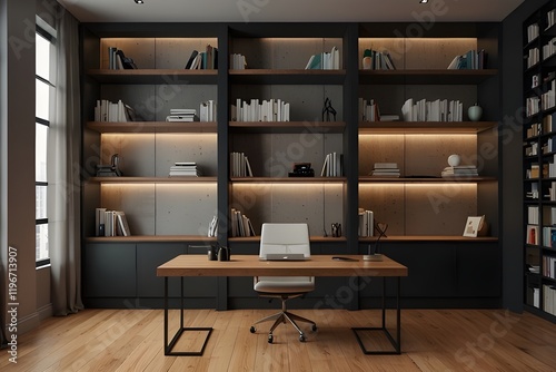 zoom virtual background of office room with bookcase professional remote work setup Generative AI