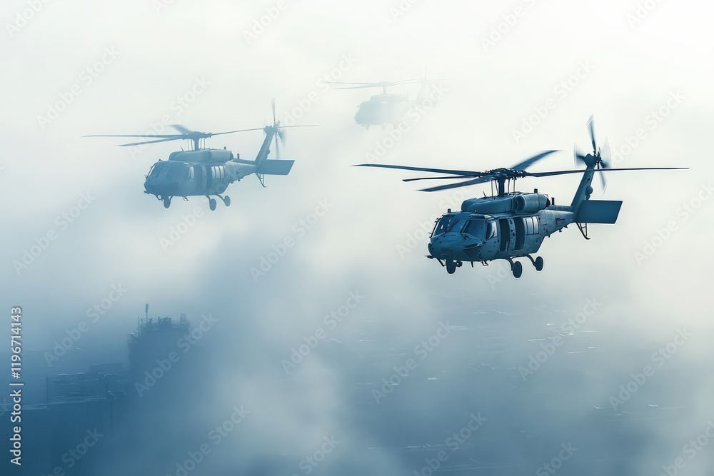Fototapeta premium Helicopters Flying Through Thick Fog Over a Cityscape, Showcasing Aeronautical Precision and Nature's Element in a Dramatic Atmosphere