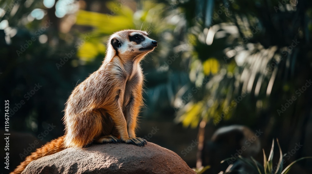 Obraz premium Alert Meerkat on Rock, Tropical Setting