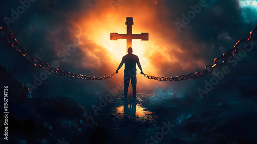 Salvation concept, man breaking from chains of sins, emerging into a bright and hopeful future. christian cross on the top, saved by religion