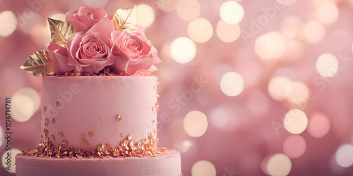 Artistic Floral Cake with Roses and Bokeh Background