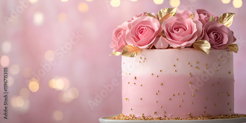 Artistic Floral Cake with Roses and Bokeh Background