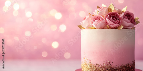 Artistic Floral Cake with Roses and Bokeh Background