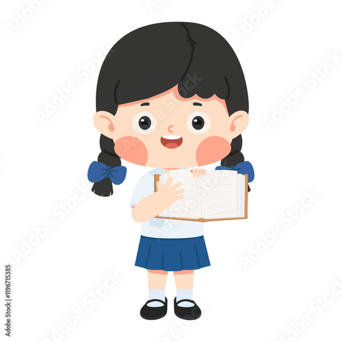 girl holding up school book