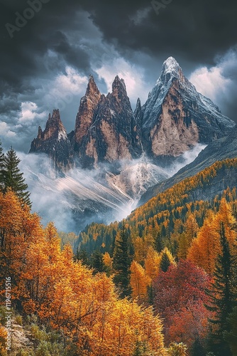 Mountain range with dramatic clouds over autumn forest and mist, showcasing natures beauty in the Dolomites, perfect for travel and outdoor adventure themes.