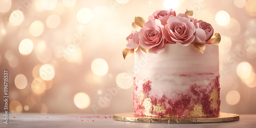 Artistic Floral Cake with Roses and Bokeh Background