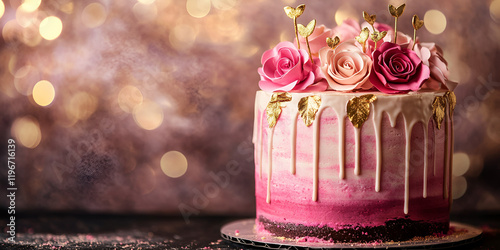 Artistic Floral Cake with Roses and Bokeh Background