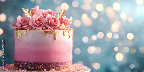 Artistic Floral Cake with Roses and Bokeh Background