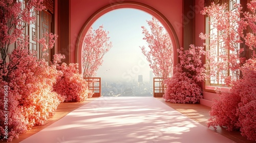Serene Pink Palace: A Breathtaking Architectural Design with Cherry Blossoms and City Views