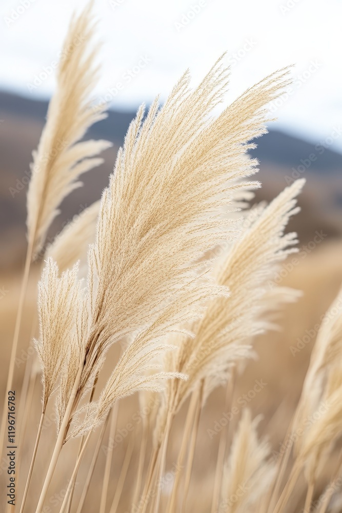 Pampas grass swaying in the breeze with a blurred background of fields and hills, showcasing the beauty of nature and tranquil outdoor landscapes.