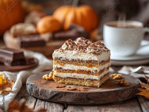 Delicious pumpkin layered dessert with whipped cream and chocolate topping. photo