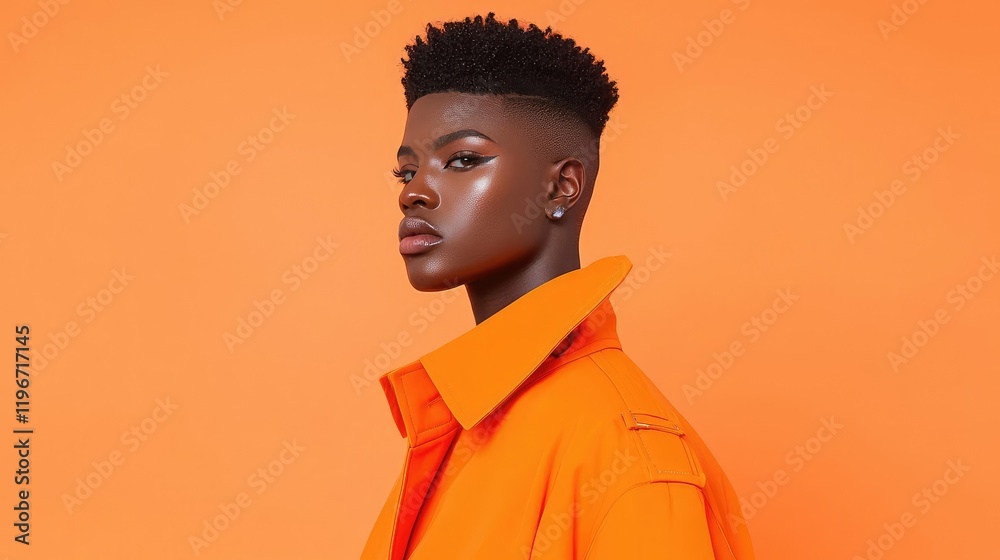 Stylish young woman, orange coat, profile view, orange background, fashion portrait Stylish young woman, orange coat, profile view, orange background, fashion portrait