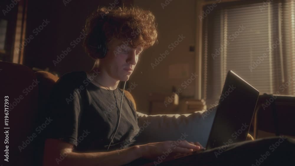 Young focused man with curly hair wearing headphones, sitting on couch in warmly lit living room, typing on laptop as working from home or using the Internet