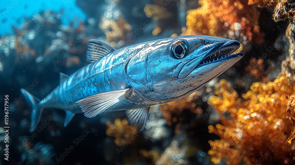 Fototapeta premium Close-up of Barracuda in Vibrant Coral Reef Ecosystem, Underwater Wildlife Photography