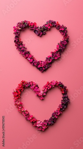 Floral heart arrangements studio setting clean composition pink background close-up view romantic concept