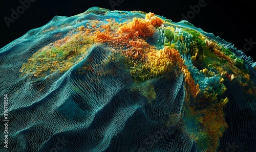A 3D representation of international communication. The informational landscape of the Earth. Protecting and processing digital data.