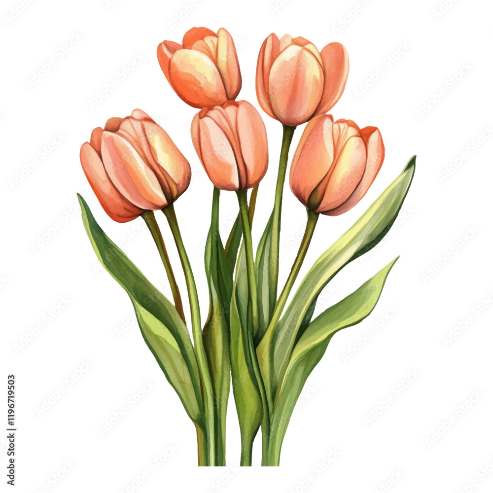 Fototapeta premium Beautiful tulips in soft peach color with green leaves