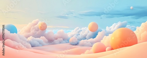 A tranquil landscape with fluffy clouds and vivid spheres set against a gradient sky, invoking a surreal feeling.