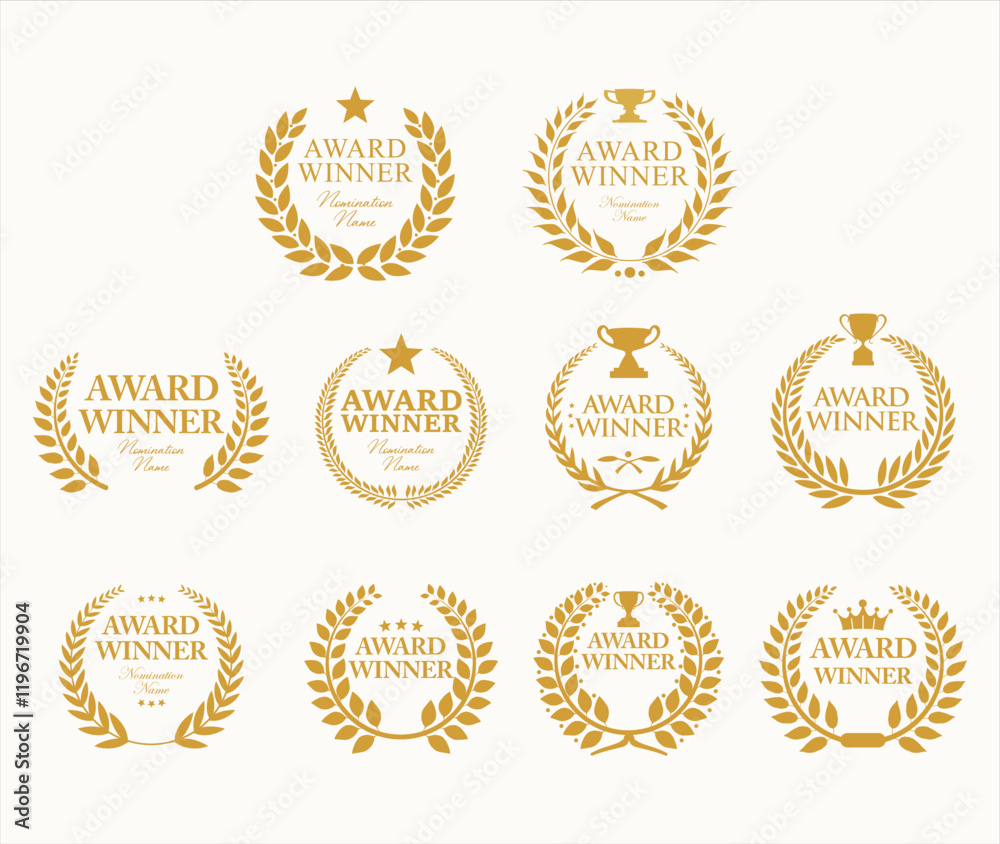 Award Winner emblem collection of gold laurel with gold text isolated on white background Award Winner emblem collection of gold laurel with gold text isolated on white background