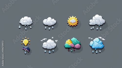 Design a set of pixel-style icons representing different weather conditions, including sunny, rainy, snowy, and cloudy.