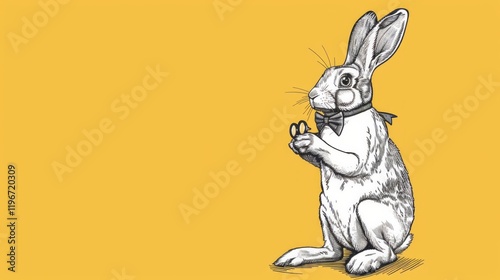Design a sophisticated vector rabbit standing on its hind legs, wearing a bow tie and monocle.