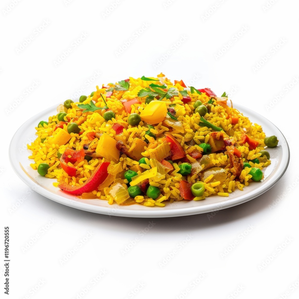 A plate of vegetable paella with saffron-infused rice, bell peppers, and peas A plate of vegetable paella with saffron-infused rice, bell peppers, and peas