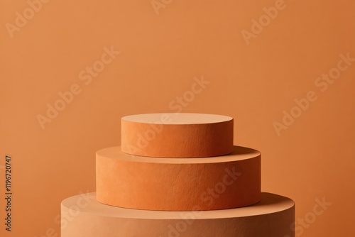 Three tiered cylinder podium against orange background