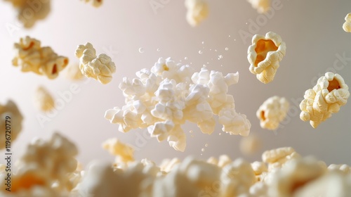 ultra detailed popcorn varieties, popped and unpopped stages, creamy white fluffed pieces, golden corn kernels, soft light diffusion, floating composition, high-end food visualization, clean backdrop photo