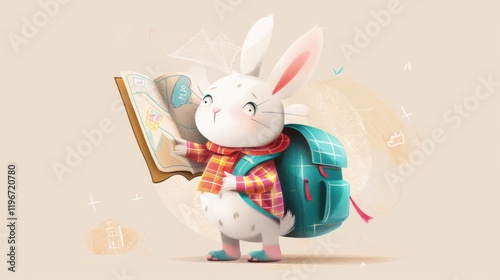 Design a vector rabbit character for a children's book, complete with a backpack and a map, ready for an adventure. 
