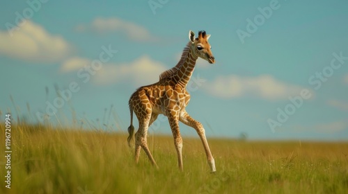 Envision a baby giraffe taking its first steps in the wild, surrounded by the watchful eyes of its herd. 