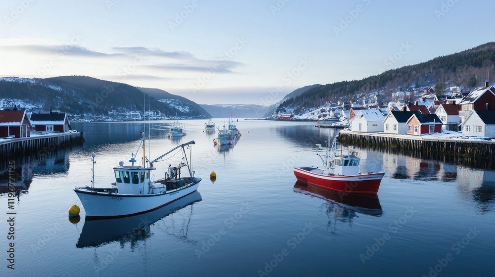 Fototapeta premium Serene harbor scene with boats and snowy hills in the background.
