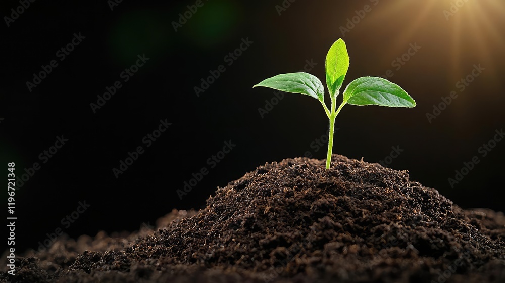 Fototapeta premium Sprout growing in soil, sunlight background, new life, nature