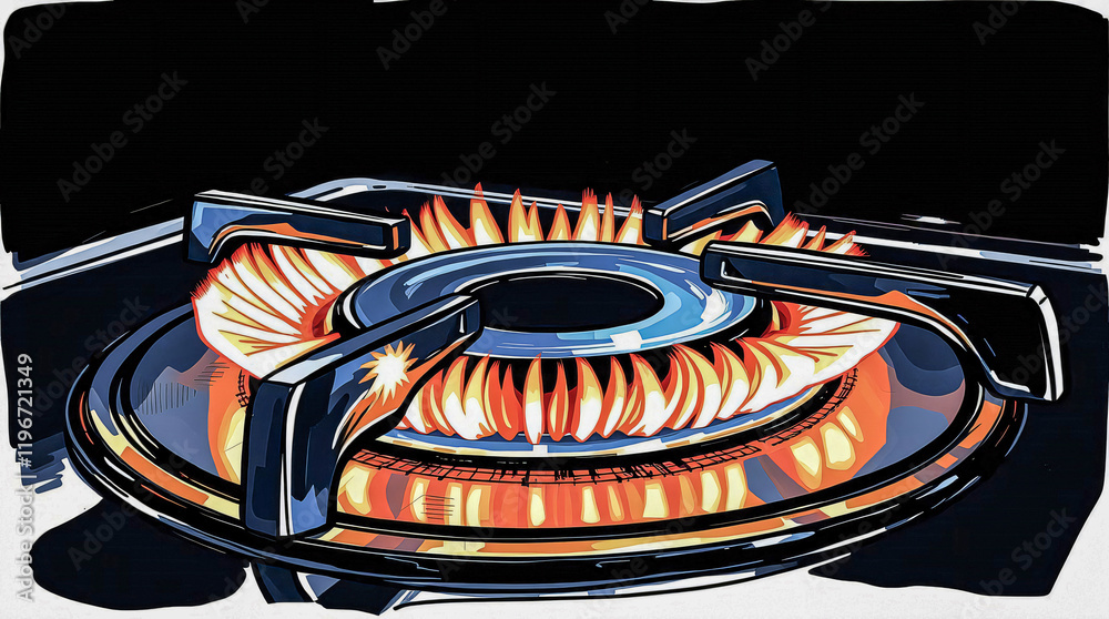 Obraz premium A close-up view of a gas stove burner with a fiery orange and yellow flame, hints of red and white, and a cool blue base. A black background highlights the dynamic, fluid flame and subtle reflections.