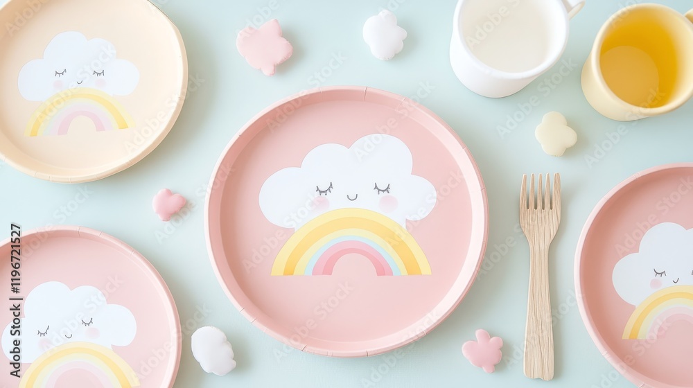 modern children party setup, artistic rainbow plates, cute cloud illustrations, delicate pastel pink plates, wooden fork and spoon, nested cups, contemporary party styling, professional flat lay modern children party setup, artistic rainbow plates, cute cloud illustrations, delicate pastel pink plates, wooden fork and spoon, nested cups, contemporary party styling, professional flat lay