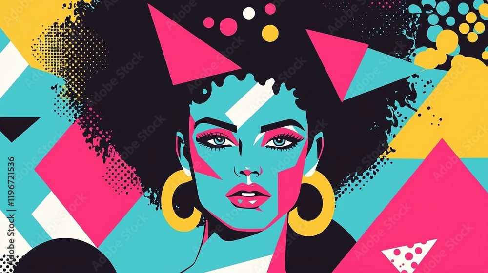 A bold and vibrant pop art portrait of a woman with geometric shapes and bright pink, teal, and orange tones. Retro and modern artistic style A bold and vibrant pop art portrait of a woman with geometric shapes and bright pink, teal, and orange tones. Retro and modern artistic style
