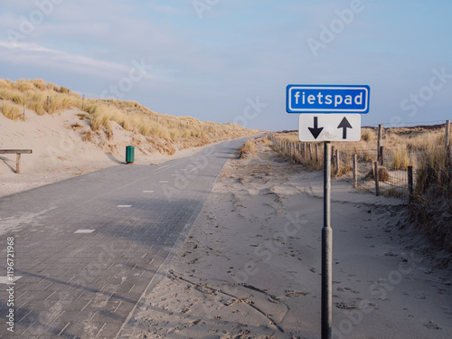 Bike lane in The Netherlands, at the coast near The Hague. The sign says 'bike lane' of which there are many in The Netherlands