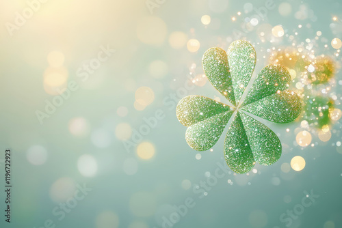 Sparkling green clover with glitter on a soft light blue background photo