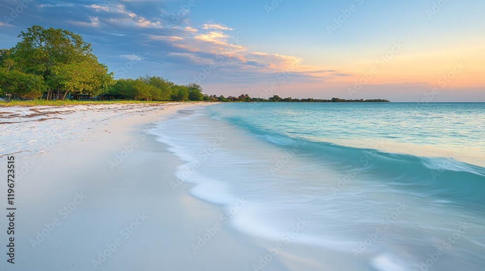 Fototapeta premium Serene sunset over tranquil beach with soft waves.
