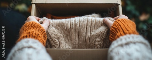 A person holding up an old sweater to put inside the box for donation.