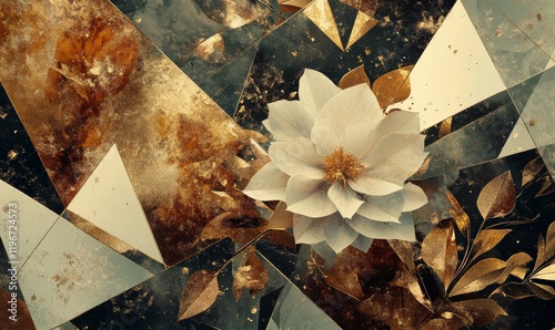 Abstract gold triangles in a delicate floral pattern, high fashion branding, opulent textures, abstract designs, geometric elements, premium finishes
