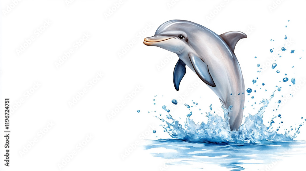 Fototapeta premium Cheerful Dolphin Jumping out of Ocean Water Creating Splashes Under a Bright Sky During a Sunny Day