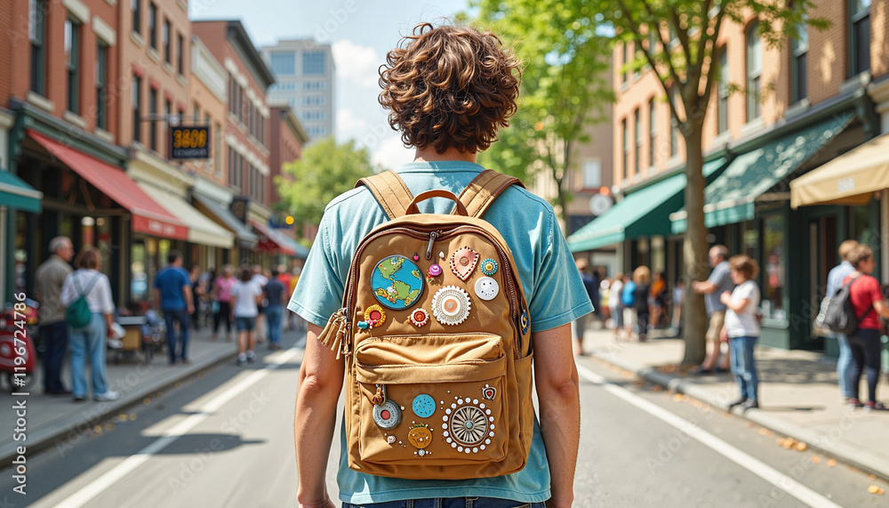 Fototapeta premium Person walking on street with decorated backpack