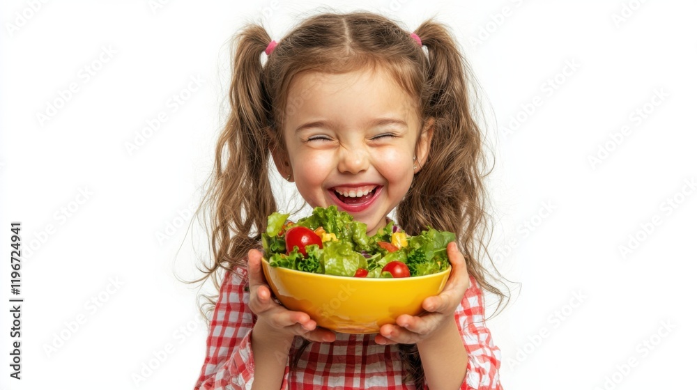 Portrait of a happy playful girl eating fresh salad from a bowl and winking isolated over white background Portrait of a happy playful girl eating fresh salad from a bowl and winking isolated over white background